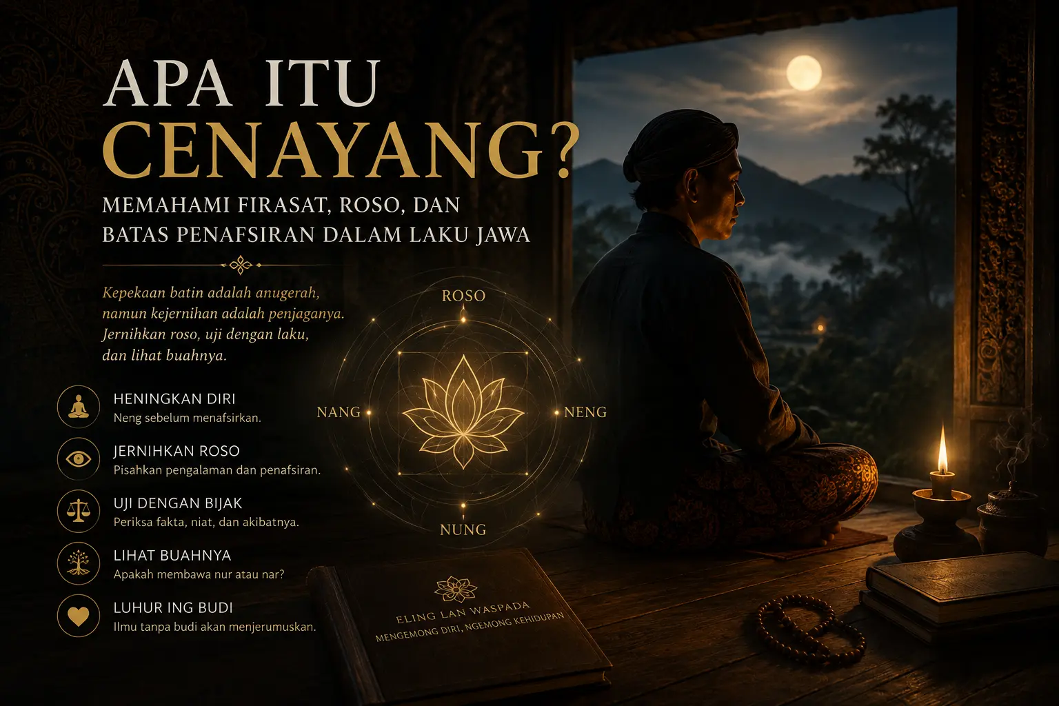 Ilustrasi cenayang, firasat, roso, dan batas penafsiran dalam laku Jawa.