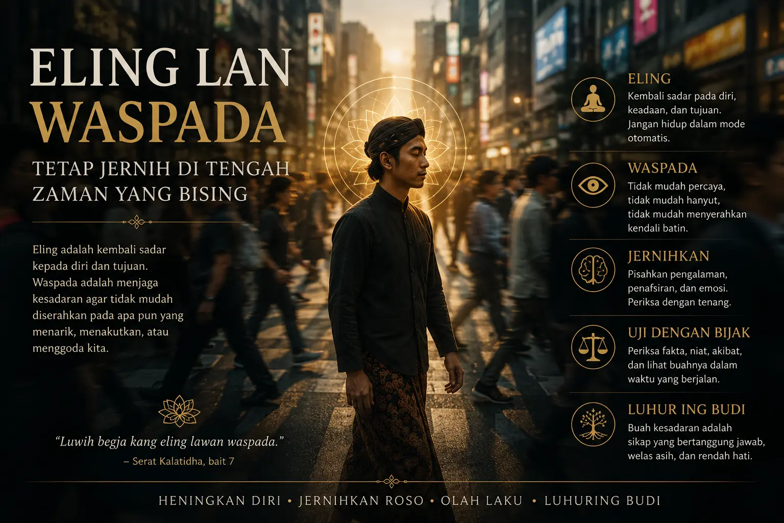 Ilustrasi Eling lan Waspada: tetap jernih dan sadar di tengah zaman yang bising.